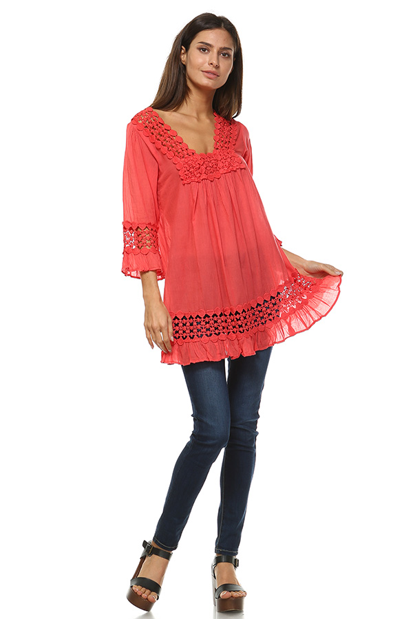 100% Cotton Lace Tunic Top - Coral